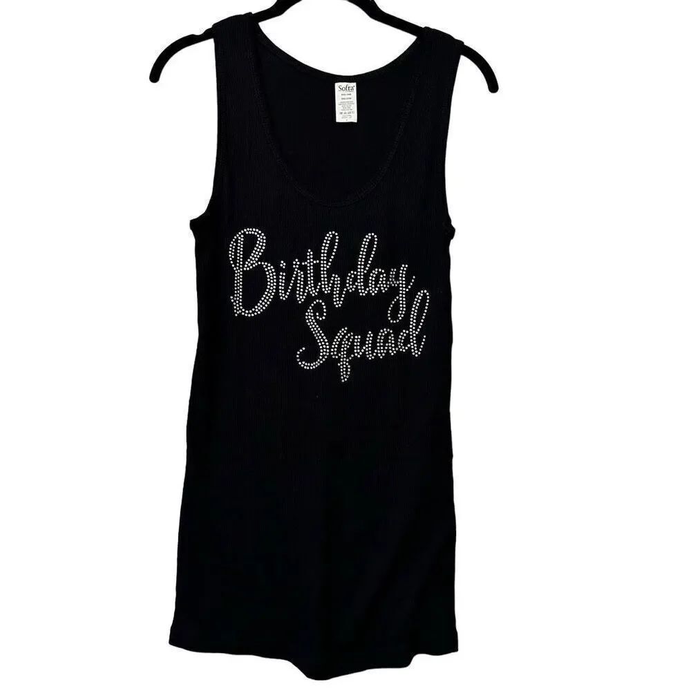 NWOT Sofra Cotton Rib Rhinestone Embellished Birthday Squad Tank Top Black Large